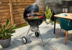 Weber 22" Master Touch Kettle Charcoal - Black -BBQ Equipment Weber Master Touch 22 inch Kettle Black lid off cooking ribs meat and vegetables