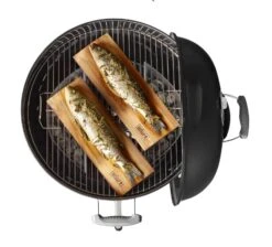 Weber 22" Master Touch Kettle Charcoal - Black -BBQ Equipment Weber Master Touch 22 inch Kettle Black lid off with fish cooking on cedar planks