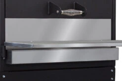 Yoder Smokers 106009 YS480s Stainless Steel Grease Shield -BBQ Equipment Yoder Smokers 106009 YS480s Stainless Steel Grease Shield on pellet smoker with front shelf close up